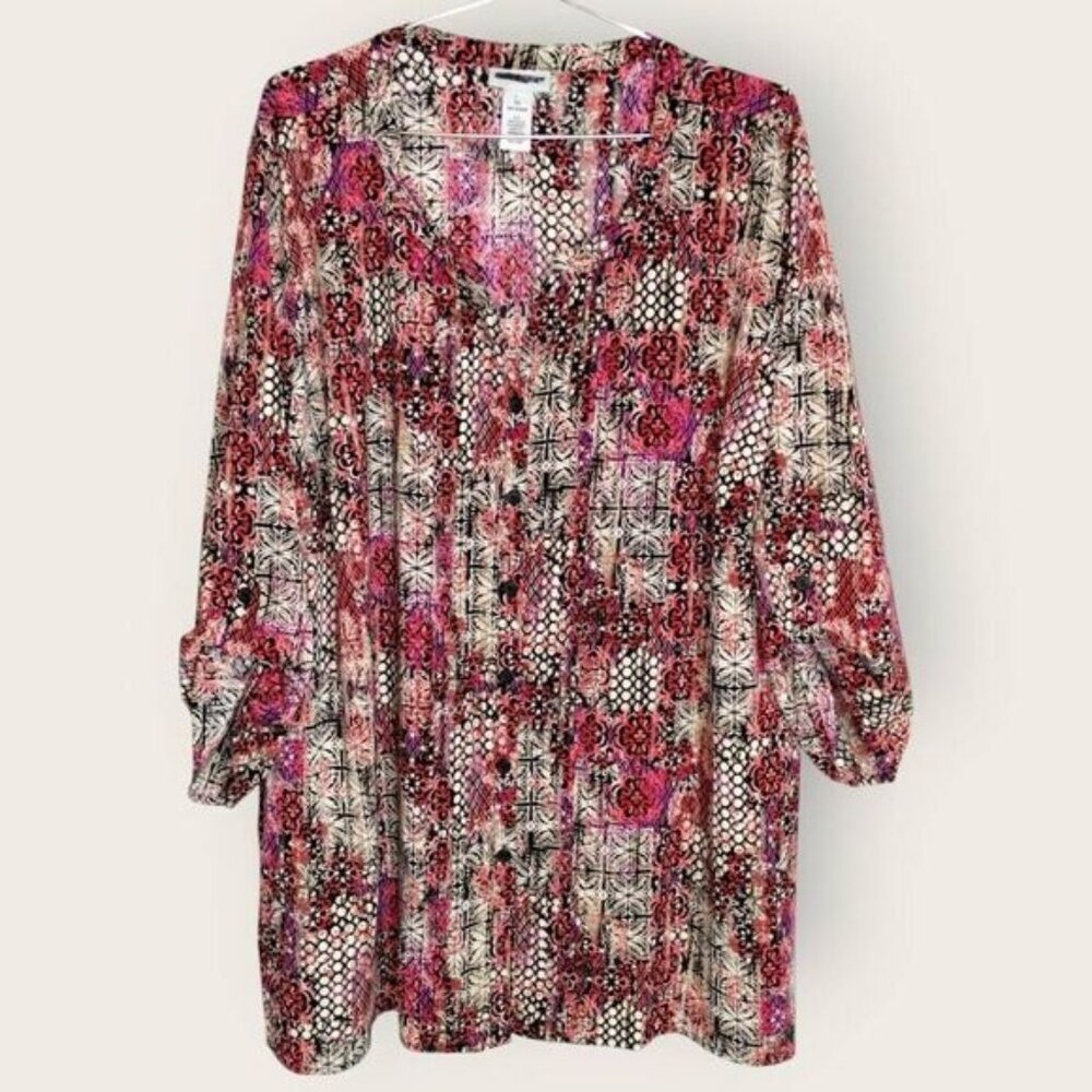 Catherines Womens Blouse Sz 3X V Neck Pleated Tab Sleeves Red Orange Plus Casual